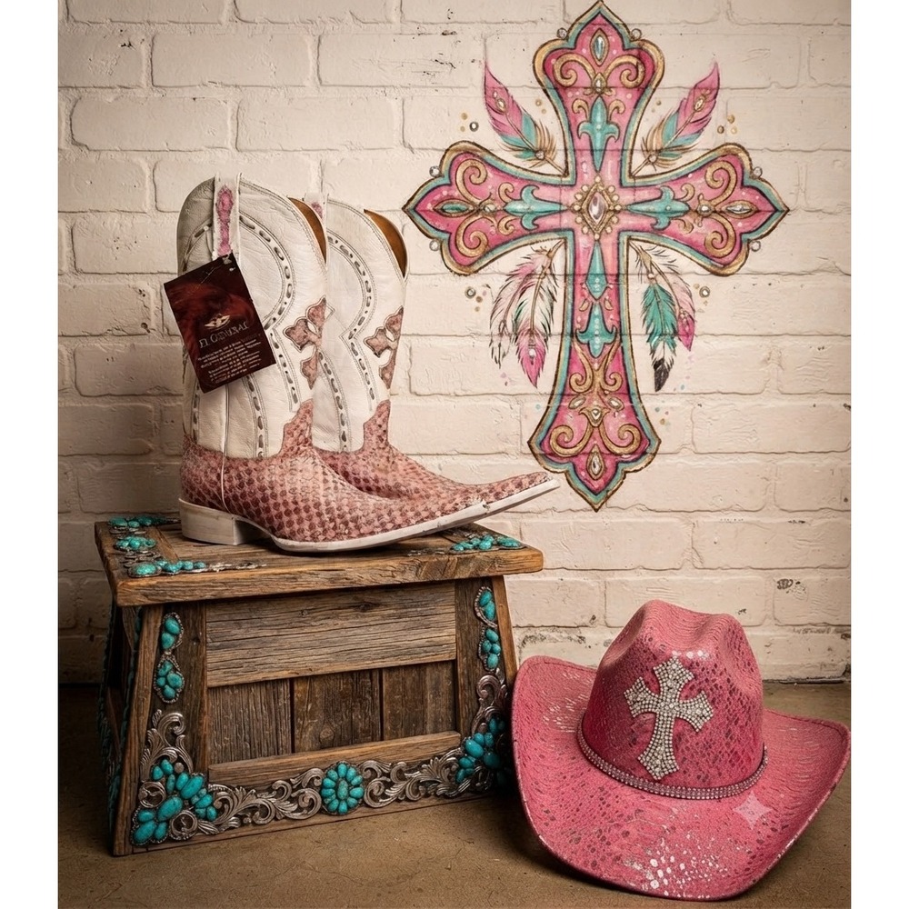 El General🩷 Cowboy Boot Sugar Pink💎 Cross Leather Western Festival Bling 6
